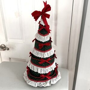 VTG Fabric Christmas Tree Stuffed Handmade 17"‎ High Made By Grandma Green Red